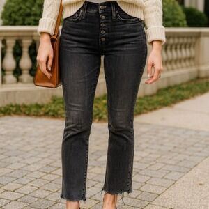 Madewell Cali Demi Boot Jeans Black Cropped Button Fly Raw Hem Womens Size 25S